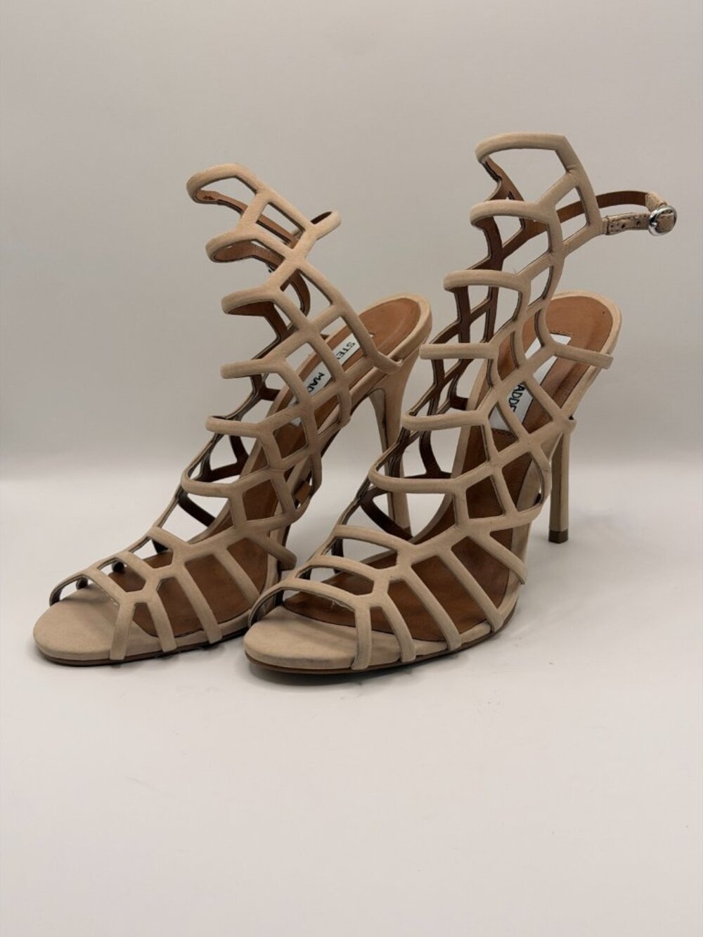 Steve Madden Women 'Slithur' Beige Leather Cage Heel Sandal Sz 8